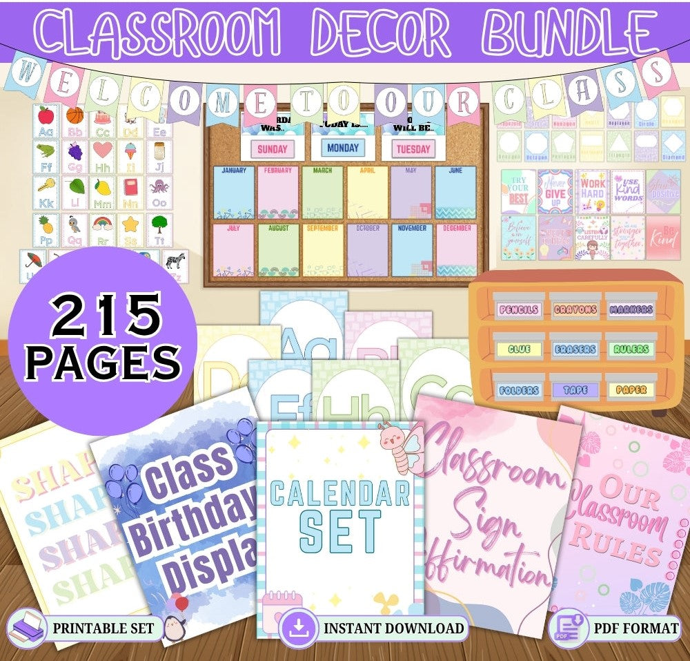 Pastel Classroom Decor Bundle – 215 Printable Pages