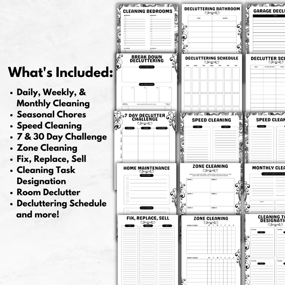PLR Cleaning & Decluttering Planner | Black & White Templates