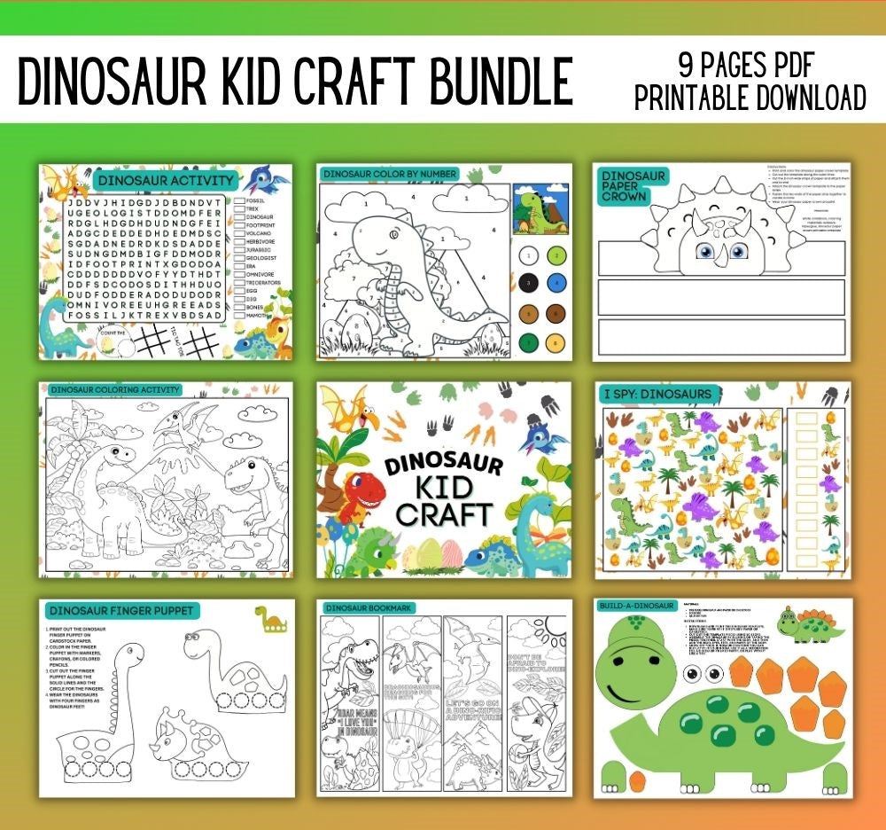 Dinosaur Kid Craft Bundle – 9 Fun Printable Activities