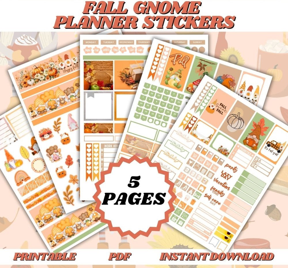 Fall Gnome Planner Stickers – 5 Printable Pages PDF