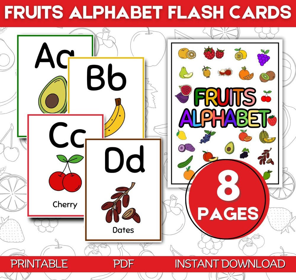 Fruits Alphabet Flash Cards – Printable ABC Learning Set