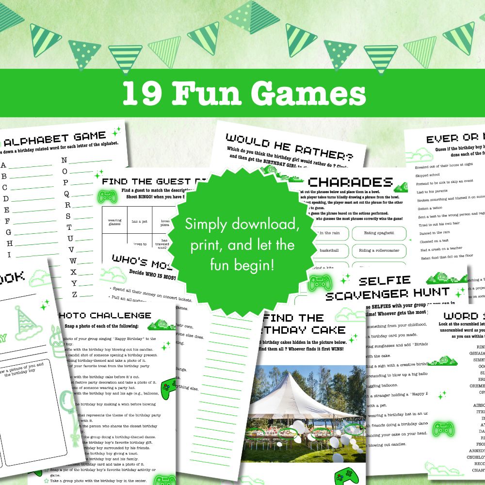 Teen Birthday Party Game Bundle – 23 Green Gamer Theme Printables