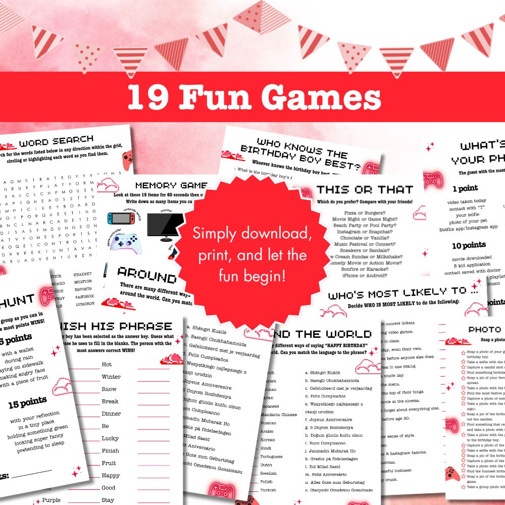 Teen Birthday Party Game Bundle – 23 Red Gamer Printables