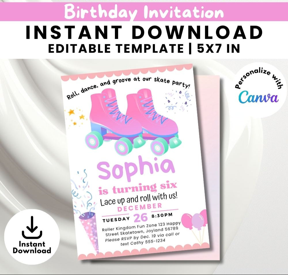 Pink Roller Skating Birthday Invitation Template