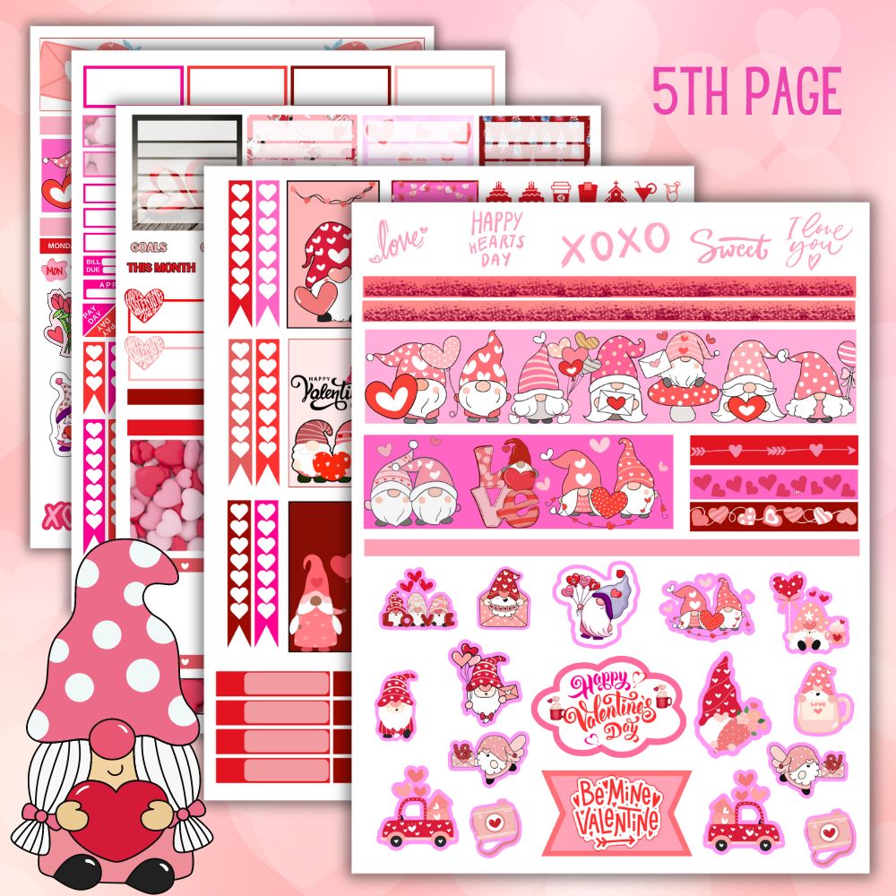 Valentine Gnome Planner Stickers – 5 Printable Pages