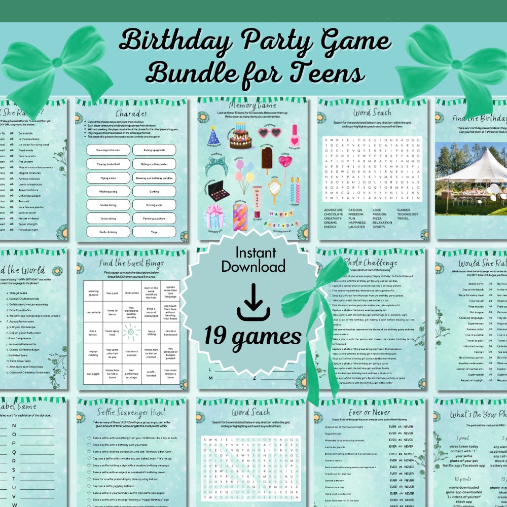 Green Teen Birthday Party Game Bundle – Classic Party Edition | 23 Pages Printable Games