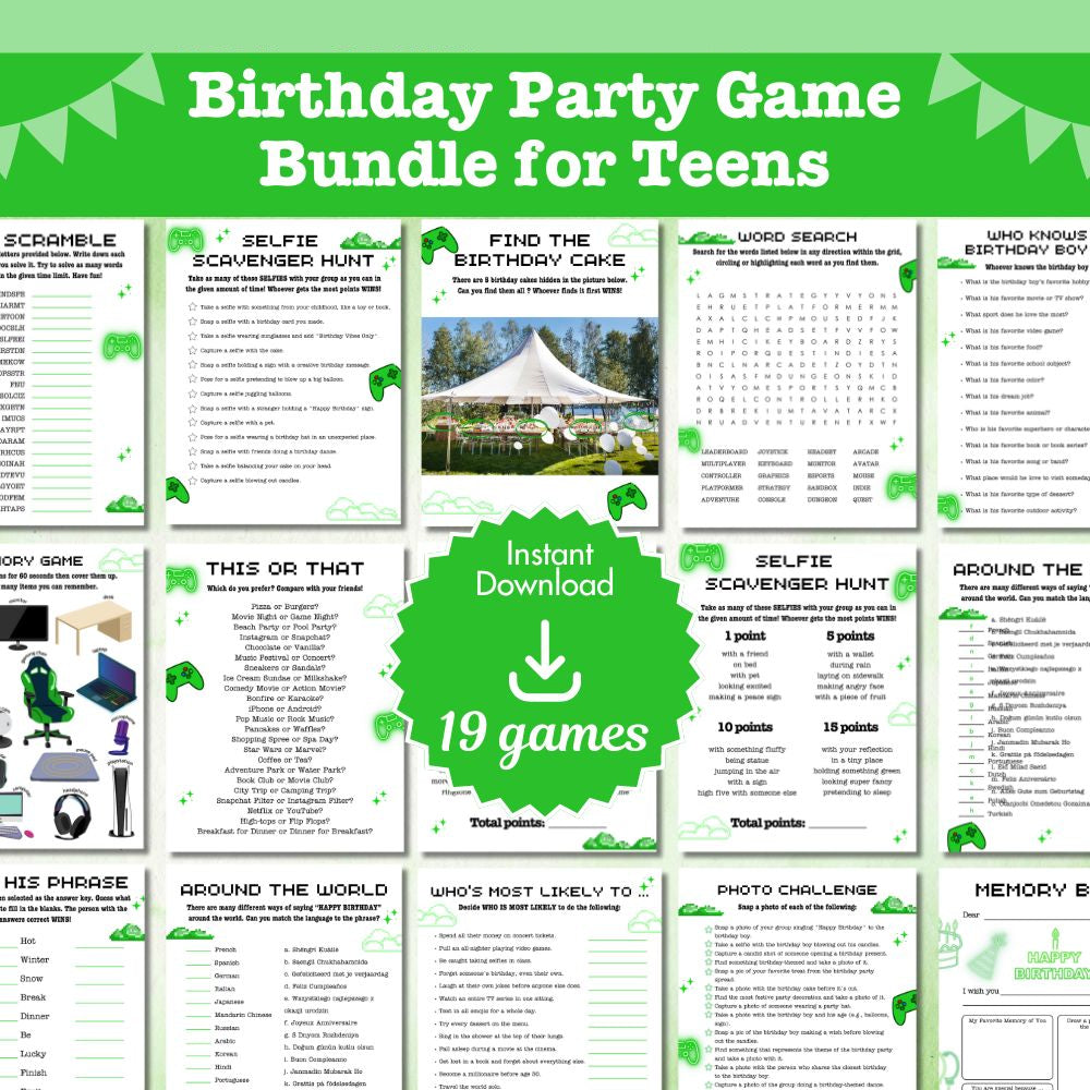 Teen Birthday Party Game Bundle – 23 Green Gamer Theme Printables