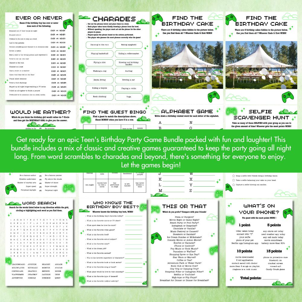 Teen Birthday Party Game Bundle – 23 Green Gamer Theme Printables