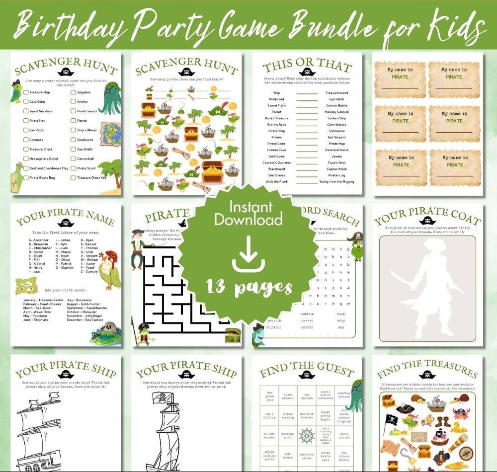 Green Pirate Birthday Party Game Bundle