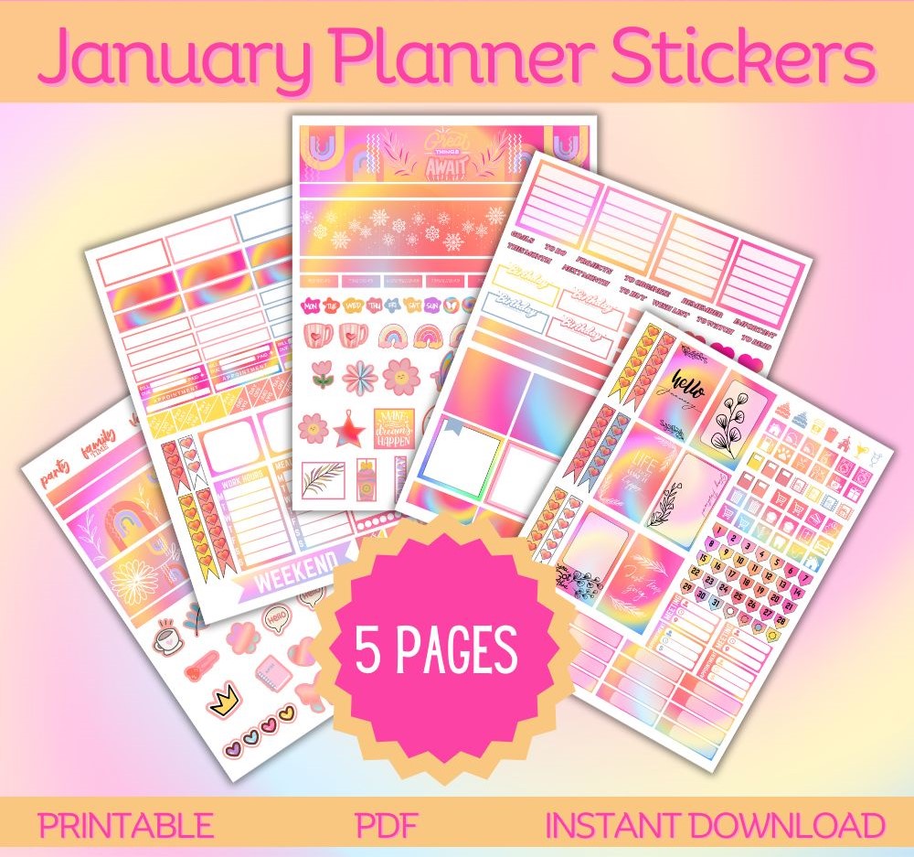 January Planner Stickers – 5 Printable Pages PDF