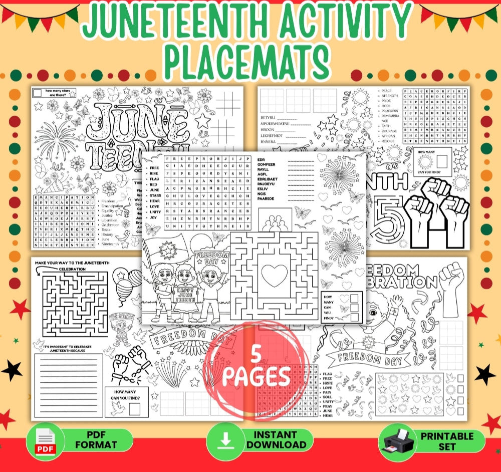 Juneteenth Activity Placemats – 5 Printable Designs