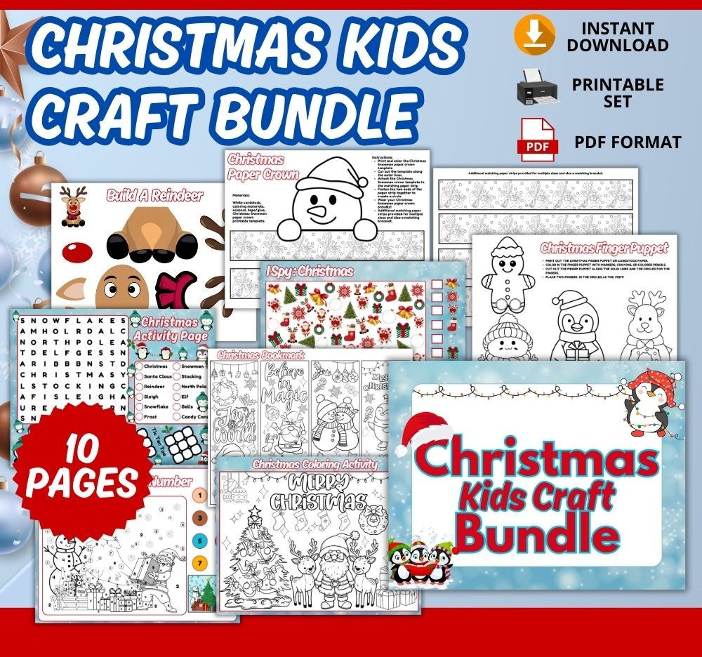 Printable Christmas Kid Craft Bundle – 10 Festive Pages