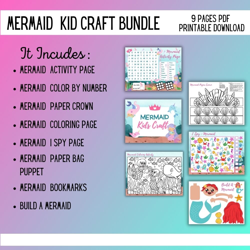 Mermaid Kids Craft Bundle – 9 Printable Pages