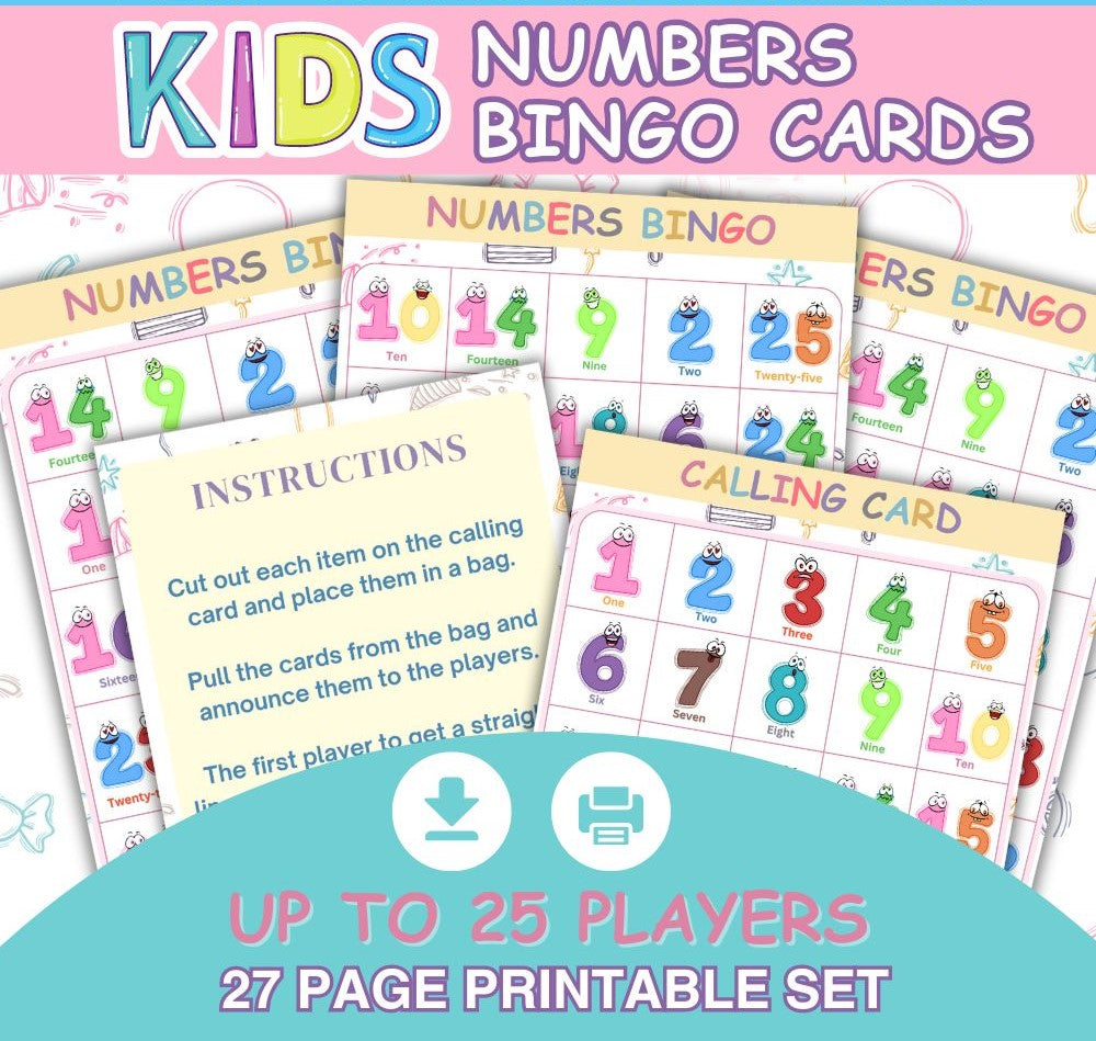 Printable Kids Numbers Bingo Game – 25 Players