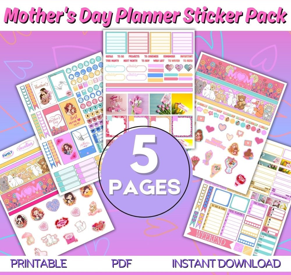 Mother’s Day Planner Stickers – 5 Printable Pages