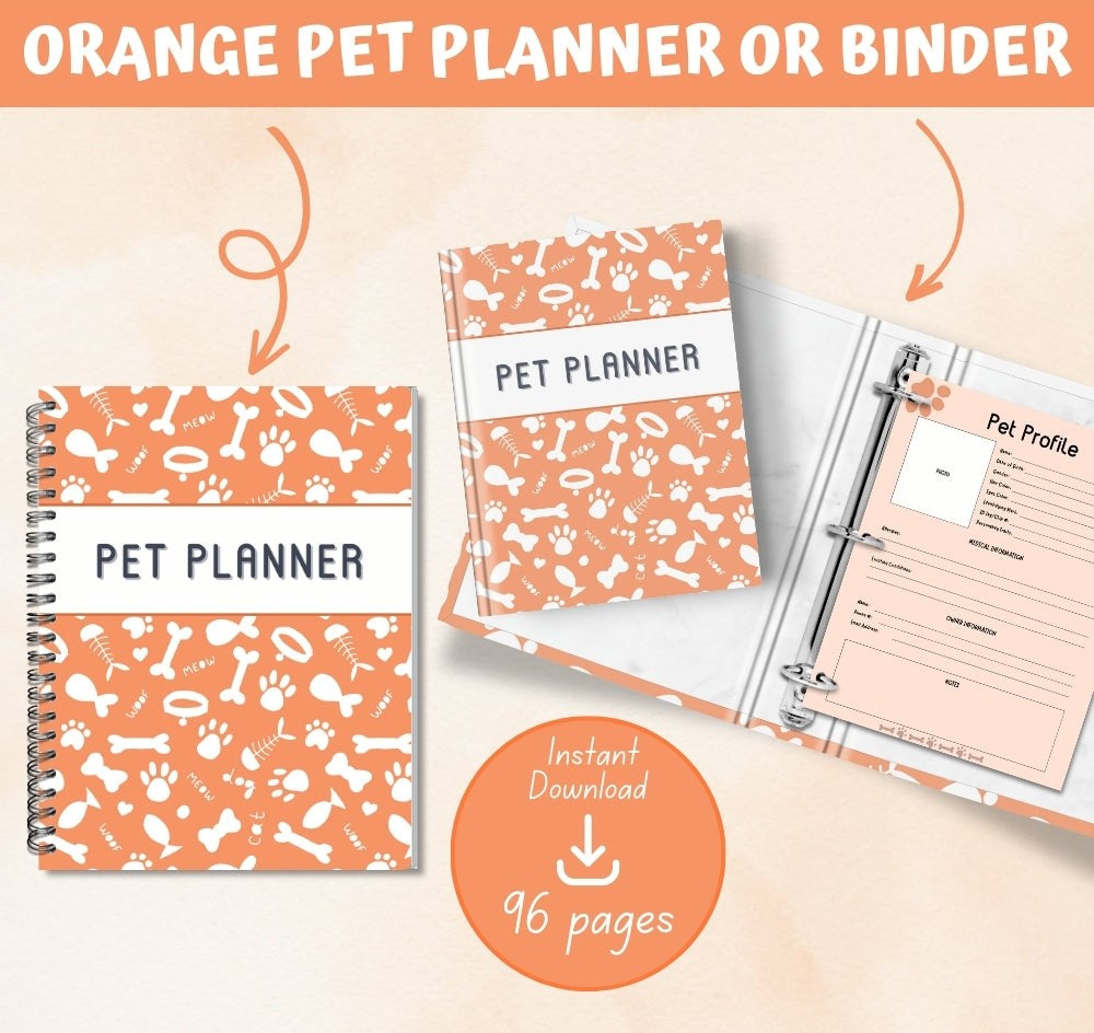 PLR Orange Pet Planner | Editable Pet Care Organizer Templates