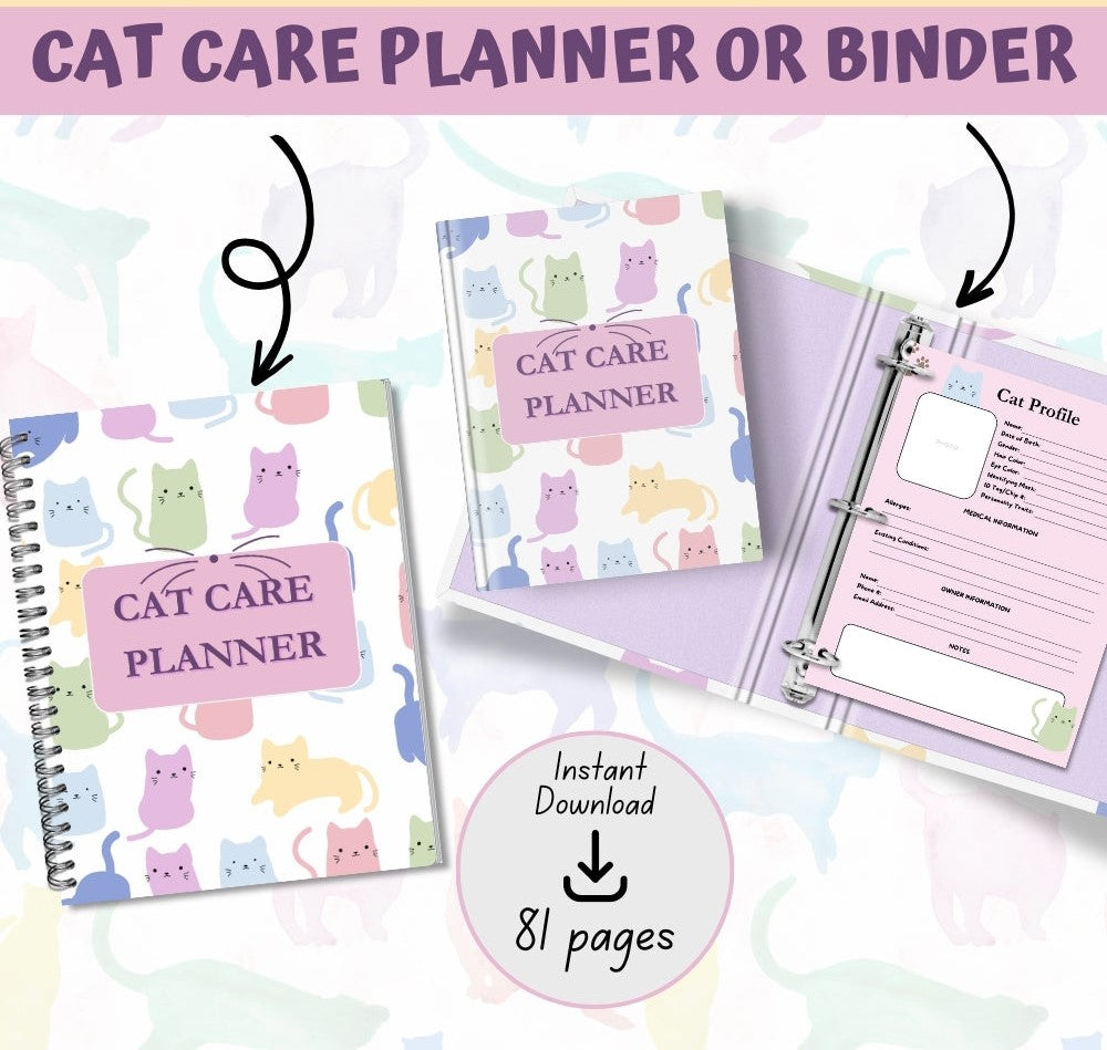 PLR Pastel Cat Care Planner | Editable Pet Care Organizer Templates