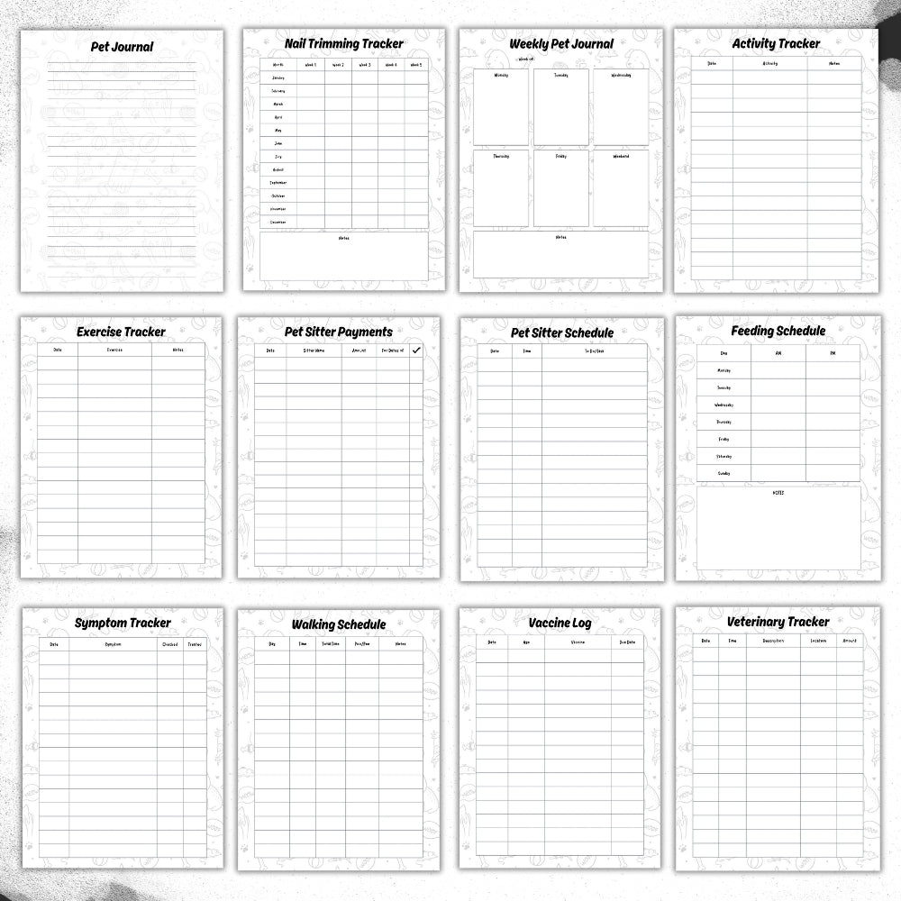 PLR Black & White Pet Planner | Editable Pet Care Organizer Templates