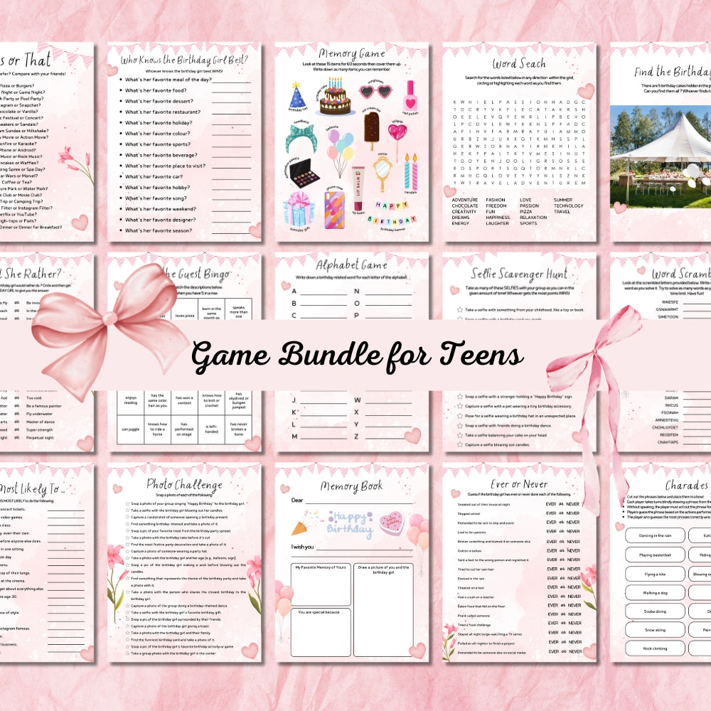 Teen Birthday Party Game Bundle – 19 Fun Printables