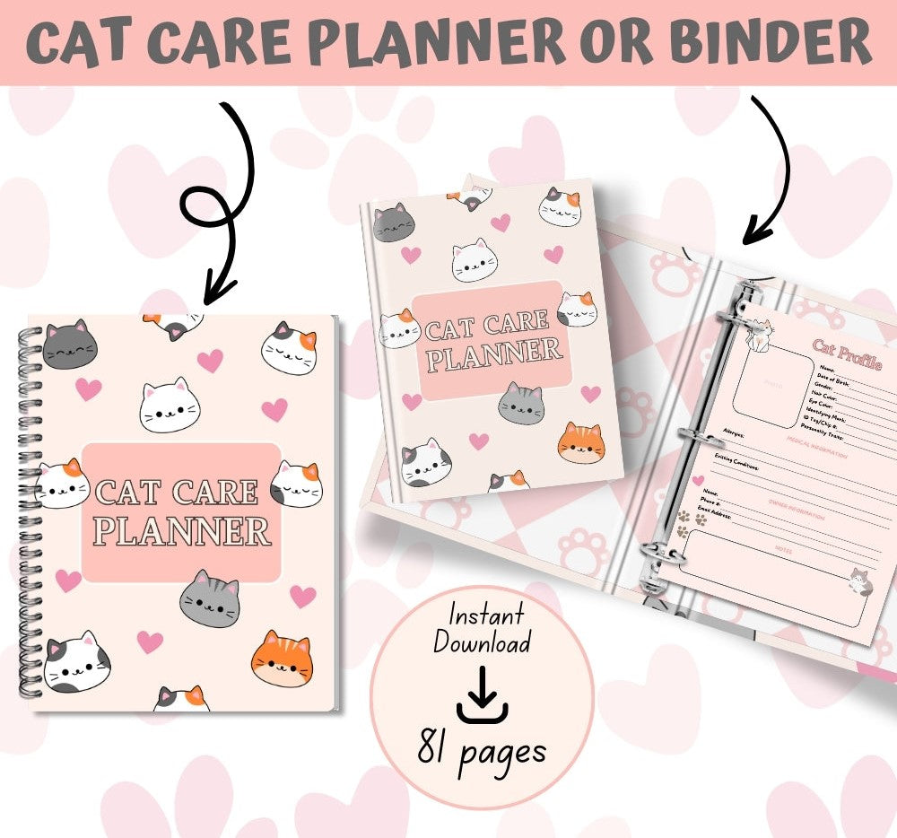 PLR Pink Cat Care Planner | Editable Pet Care Organizer Templates