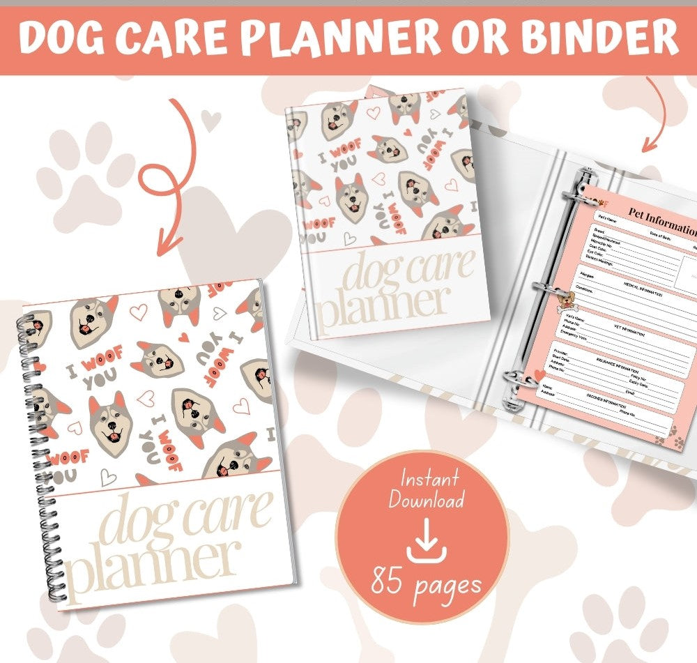 PLR Pink Dog Care Planner | Editable Pet Care Organizer Templates