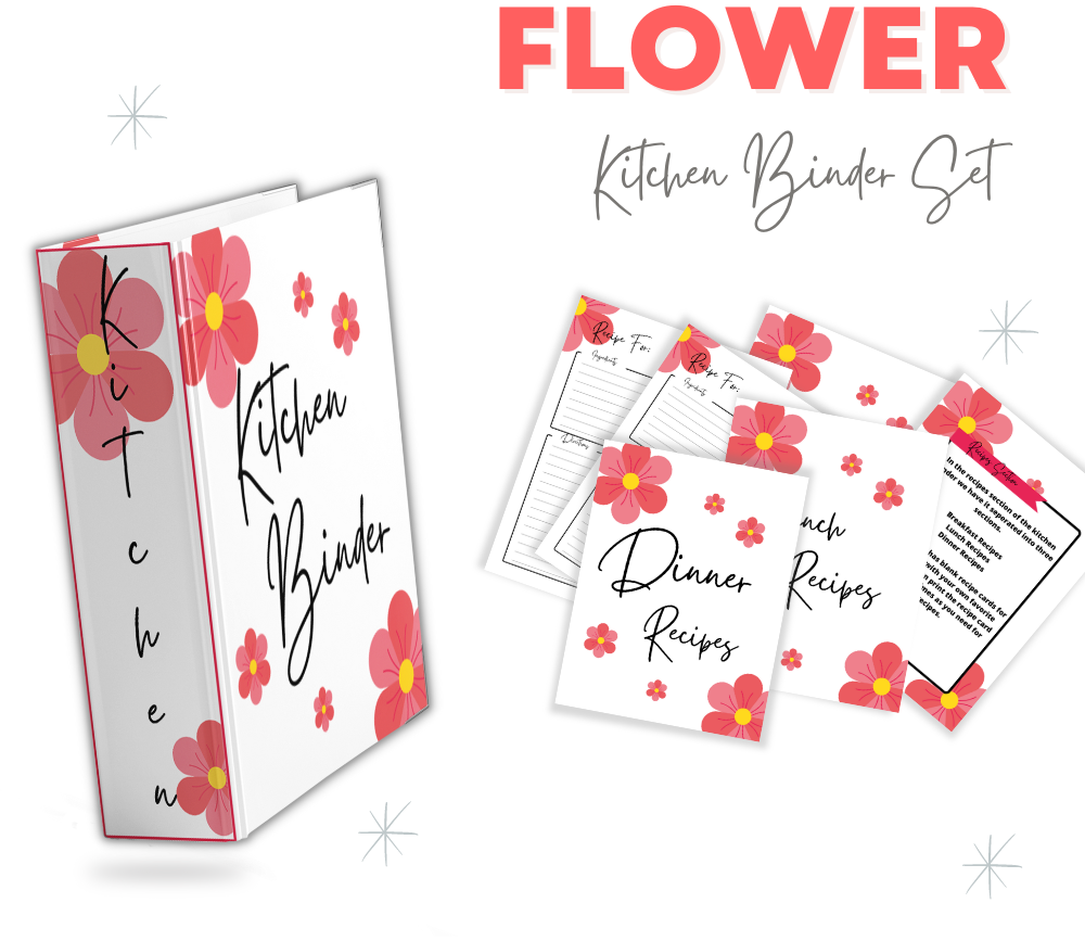 PLR Pink Flower Kitchen Binder Set | Kitchen Binders for recipes and meal planning | My Store