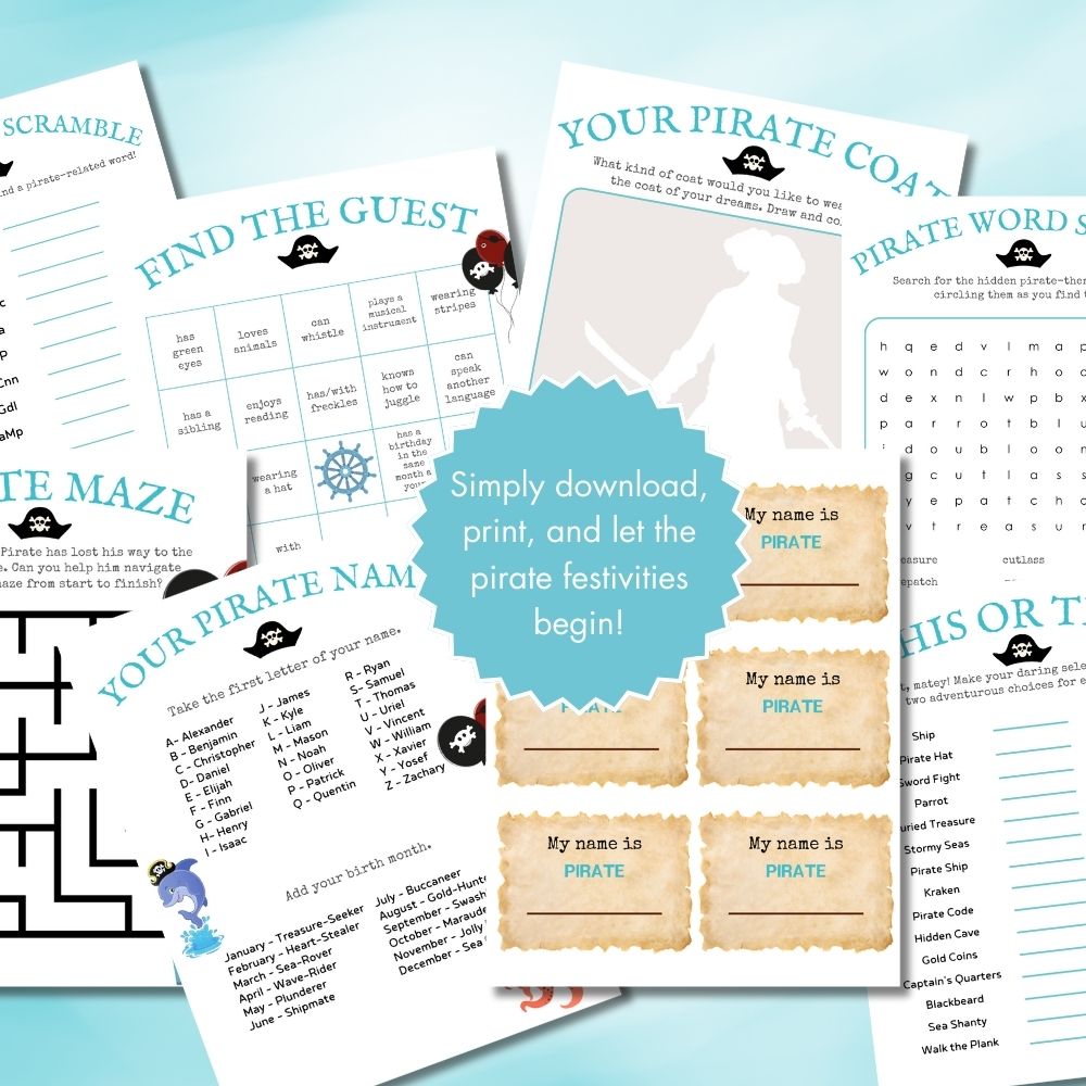 Aqua Pirate Birthday Party Game Bundle