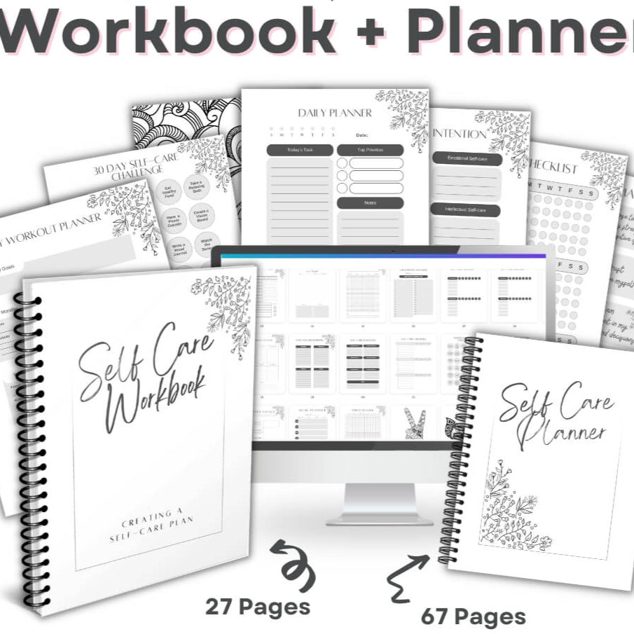 Black & White Self Care Workbook + Matching Planner