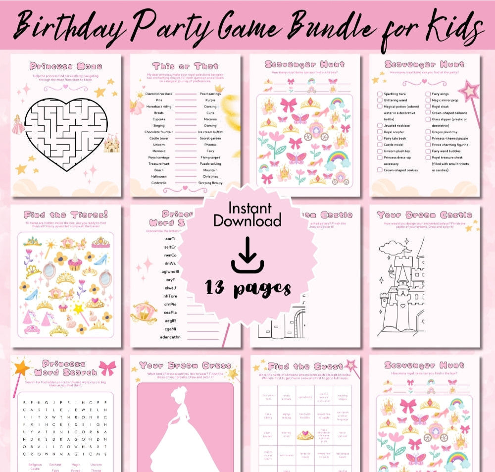 Princess Birthday Party Game Bundle – 13 Printables