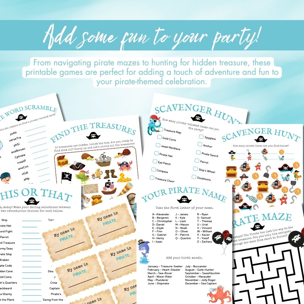 Aqua Pirate Birthday Party Game Bundle