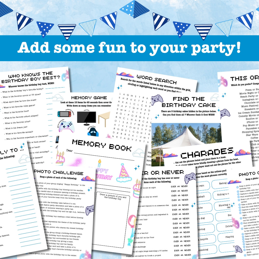 Blue Teen Birthday Party Game Bundle – Gamer Theme