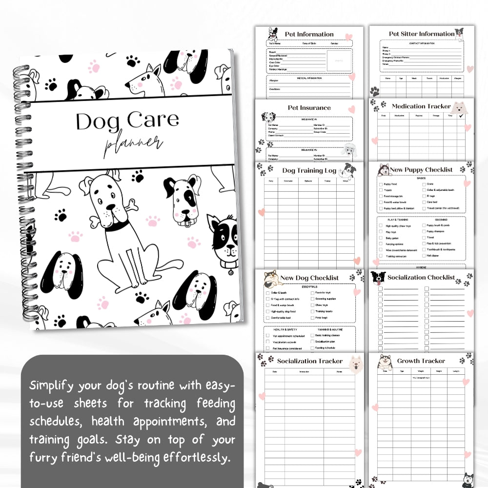 PLR Dog Care Planner | Black & White Editable Pet Organizer