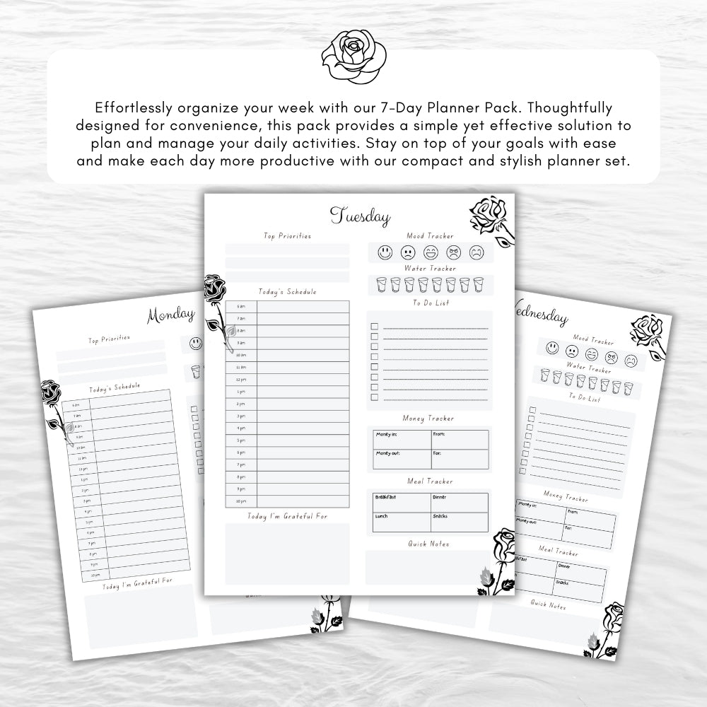 PLR Black & White 7 Day Planner Pack | Editable Weekly Templates