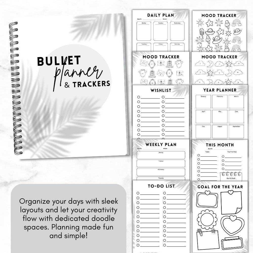 PLR Black & White Bullet Planner & Trackers | Editable Productivity Templates