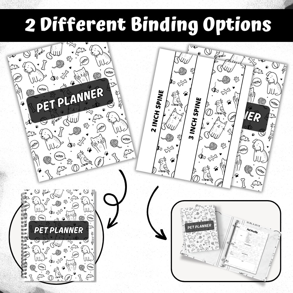 PLR Black & White Pet Planner | Editable Pet Care Organizer Templates
