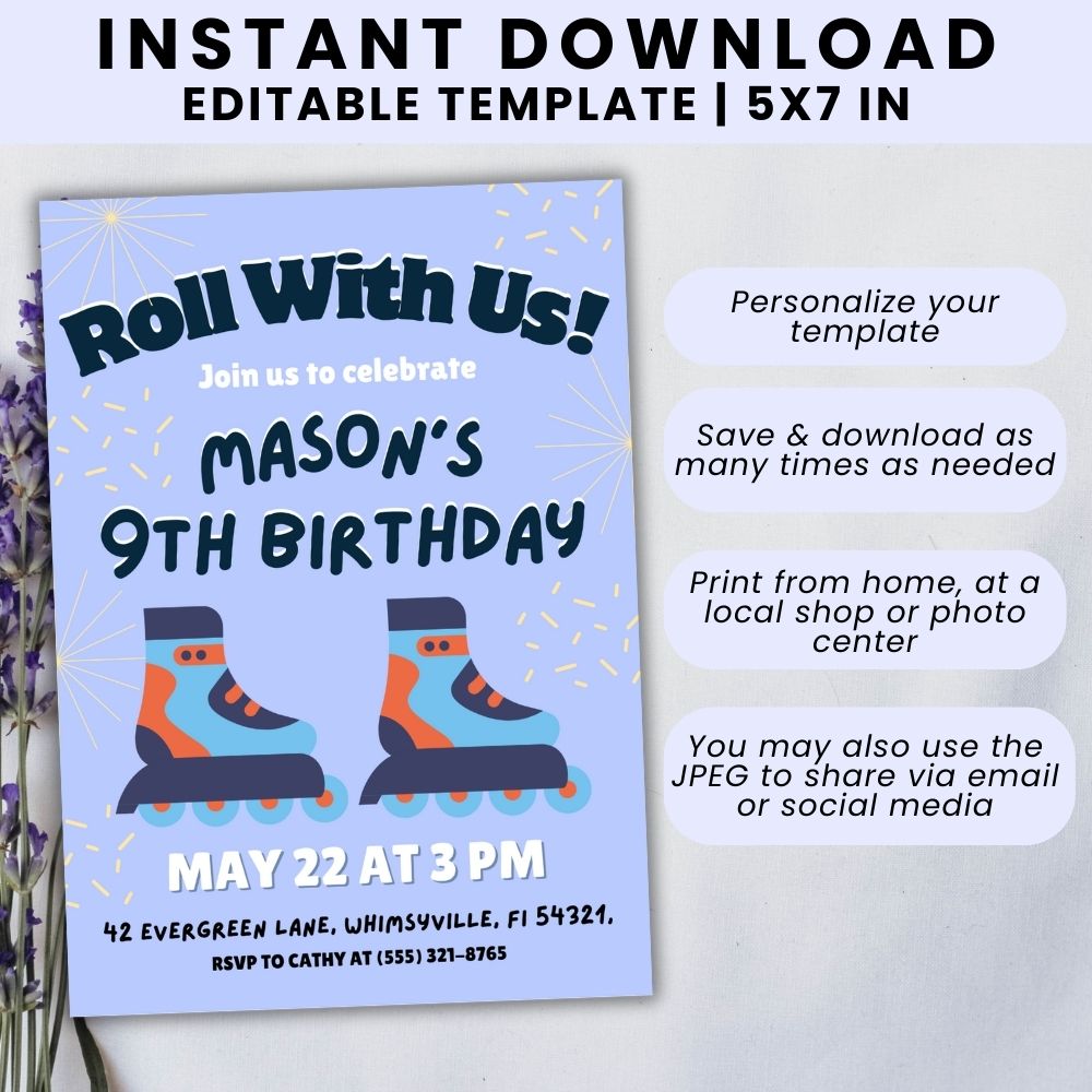 Blue Roller Skating Birthday Invitation Template