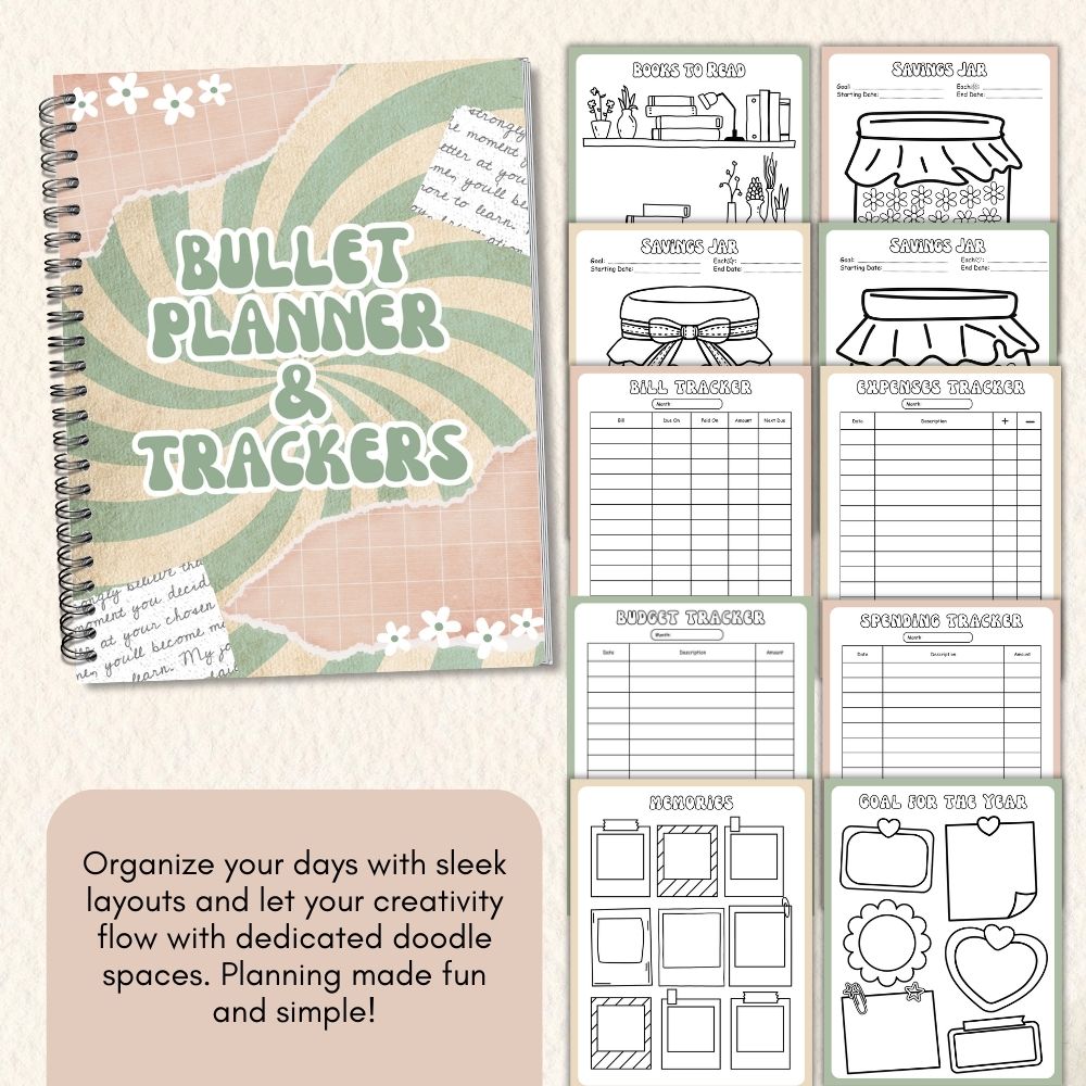PLR Green Bullet Planner & Trackers | Editable Productivity Templates