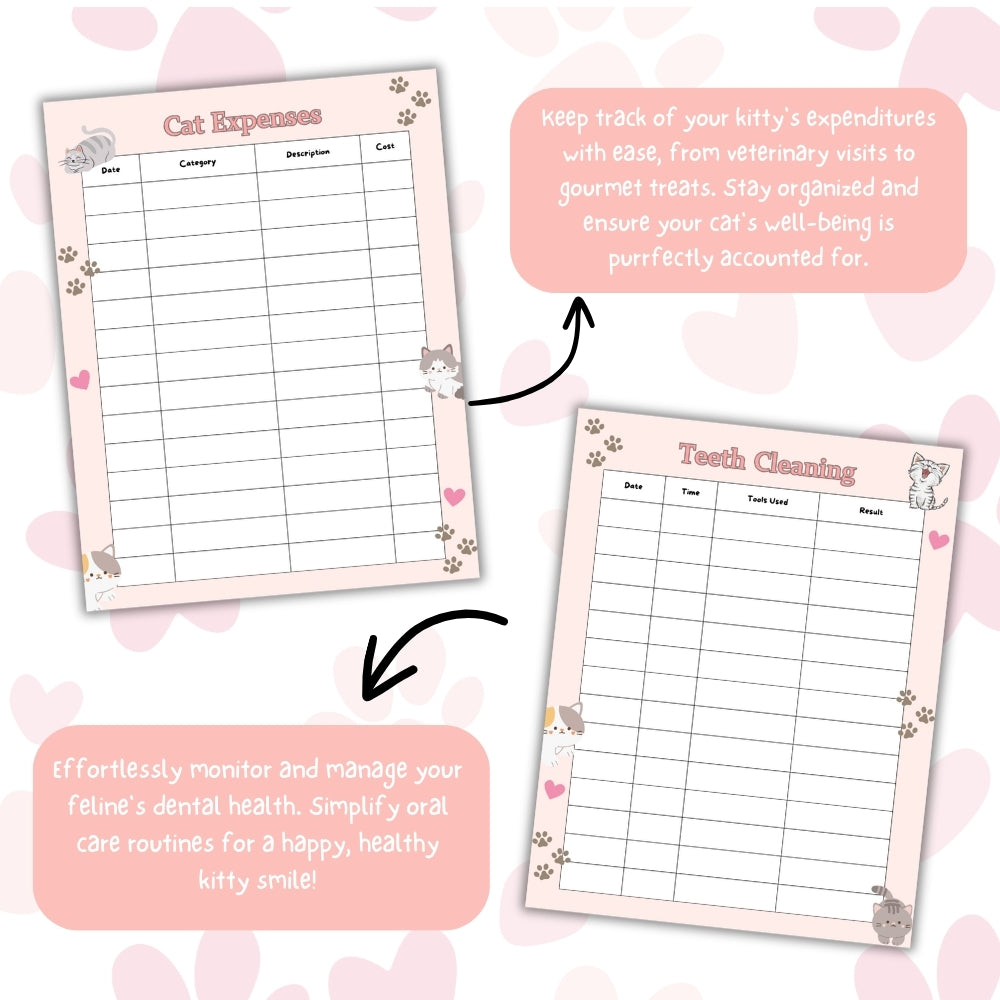 PLR Pink Cat Care Planner | Editable Pet Care Organizer Templates