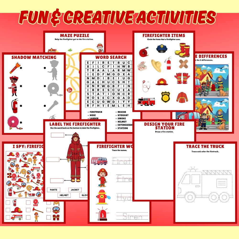 Kids Firefighter Activity Pack Printable (19 Pages)