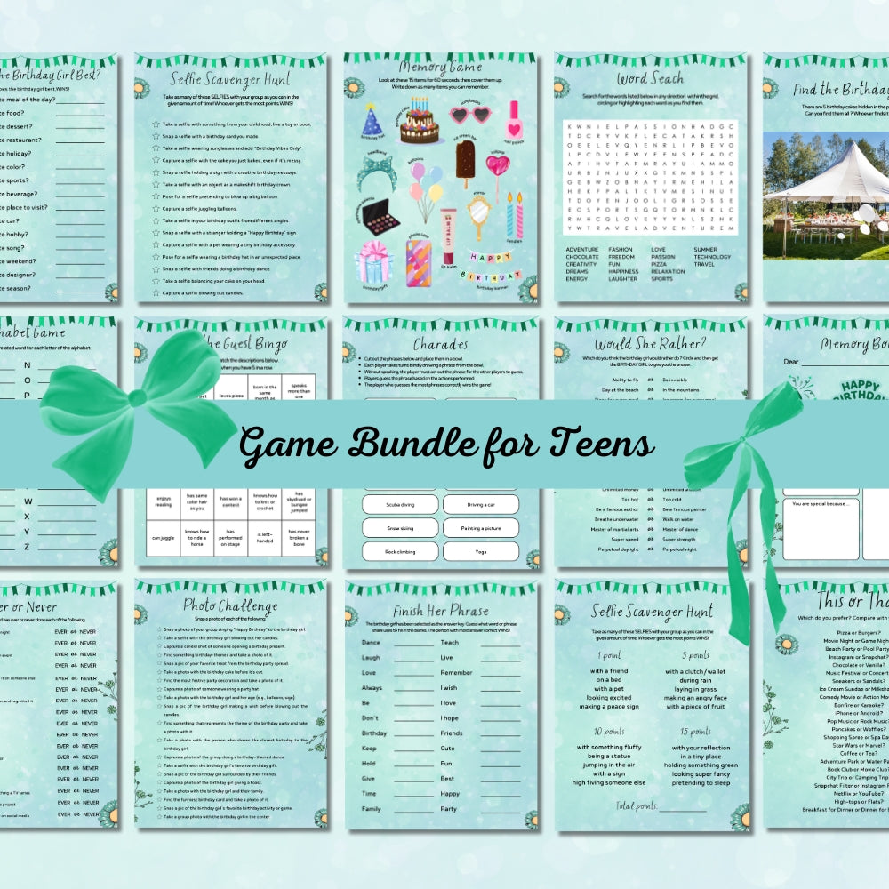 Green Teen Birthday Party Game Bundle – Classic Party Edition | 23 Pages Printable Games