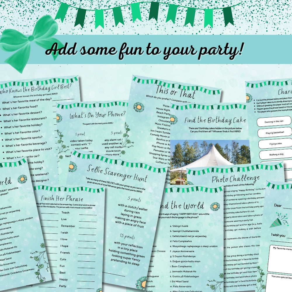 Green Teen Birthday Party Game Bundle – Classic Party Edition | 23 Pages Printable Games