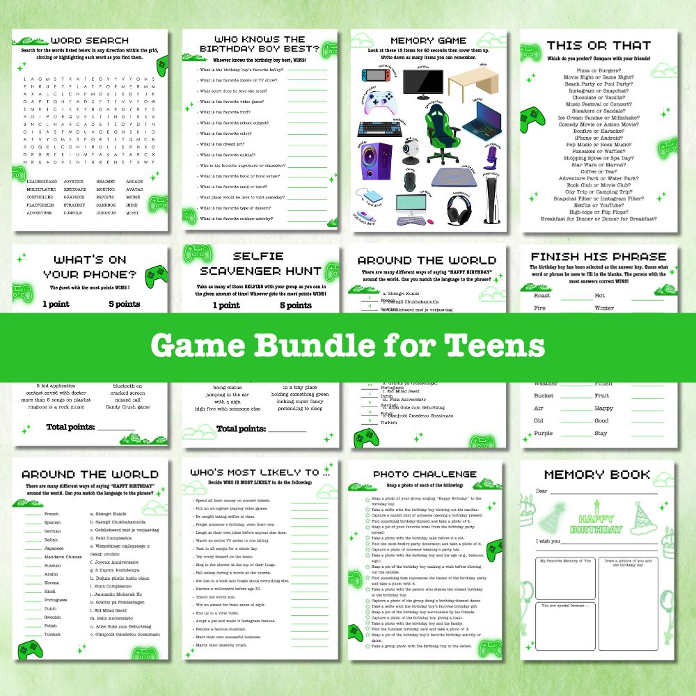 Teen Birthday Party Game Bundle – 23 Green Gamer Theme Printables