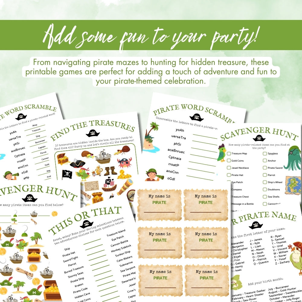 Green Pirate Birthday Party Game Bundle