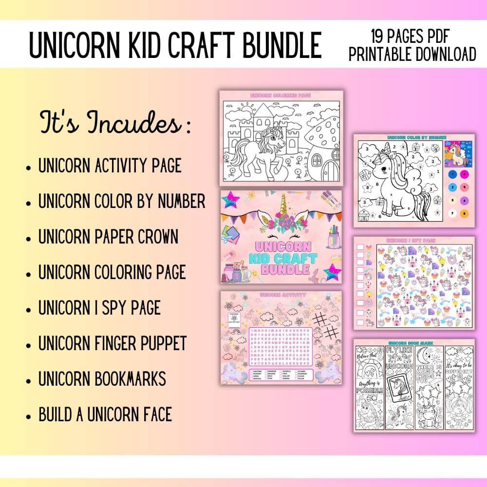 Unicorn Kids Craft Bundle – 19 Printable Pages