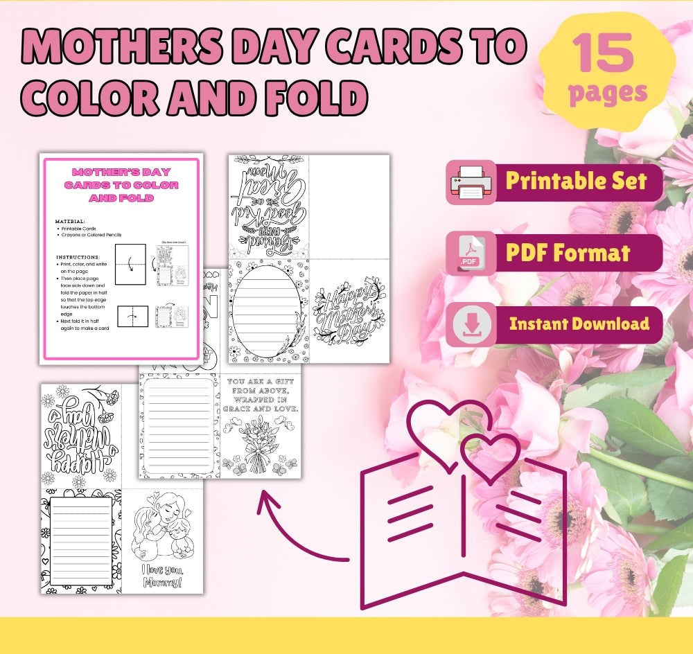 Printable Mother’s Day Cards to Color & Fold – 14 Designs