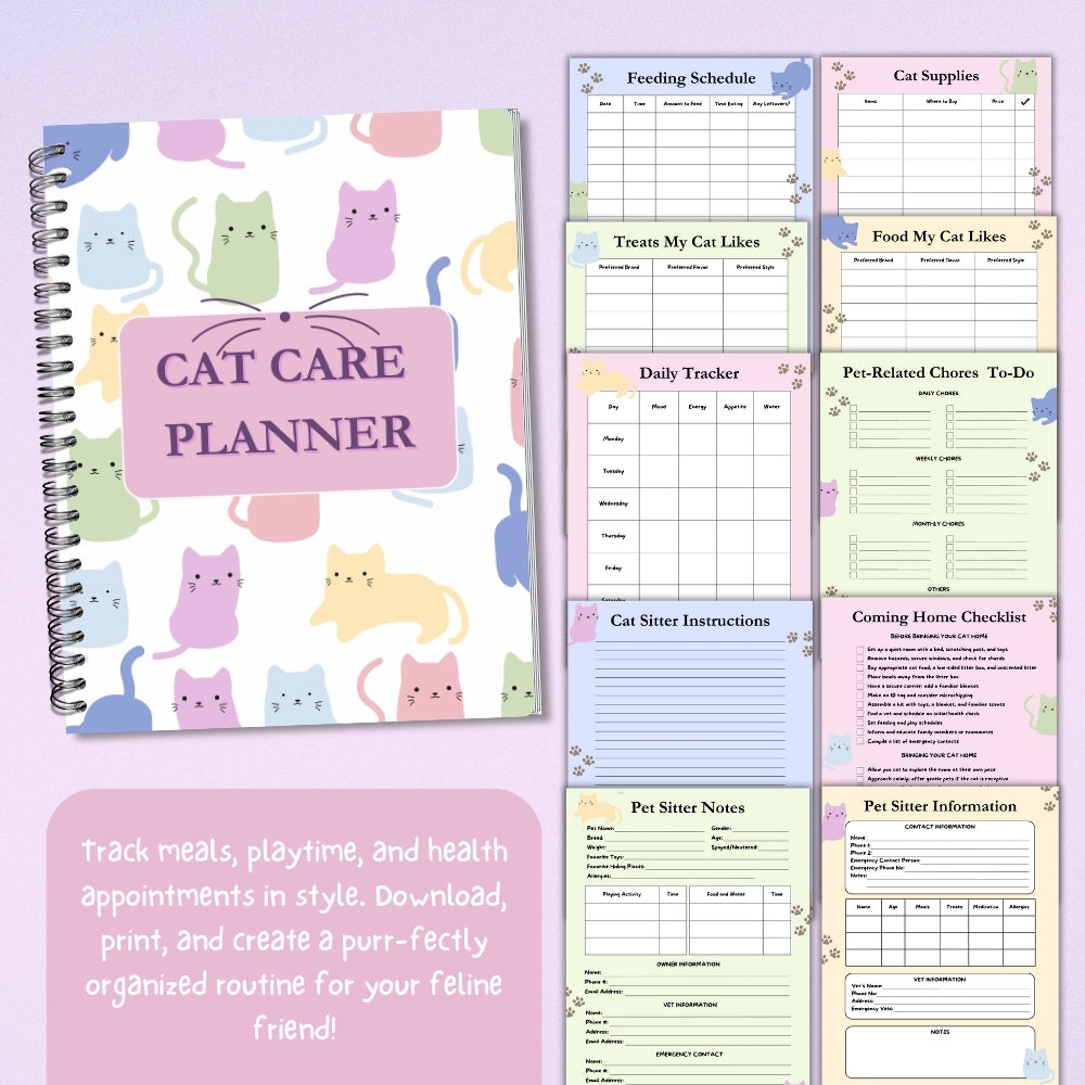 PLR Pastel Cat Care Planner | Editable Pet Care Organizer Templates
