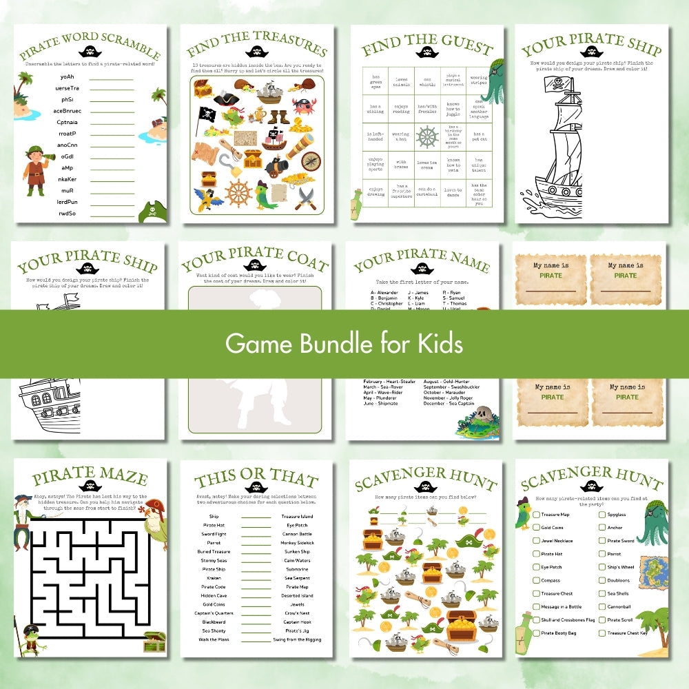 Green Pirate Birthday Party Game Bundle