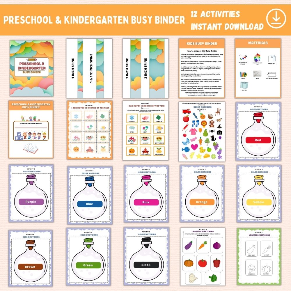 Preschool & Kindergarten Busy Binder – 12 Activities