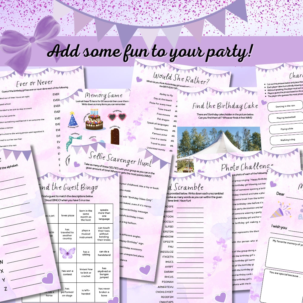 Purple Teen Birthday Party Game Bundle