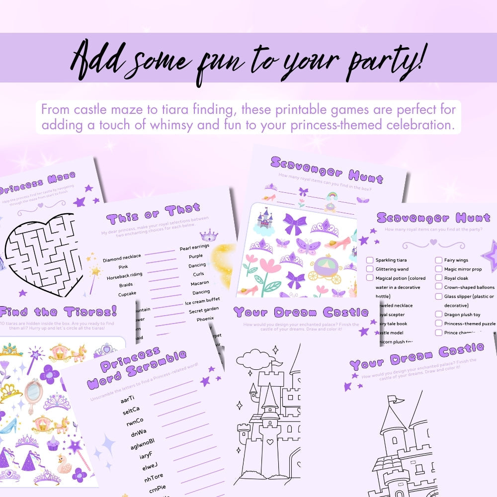 Purple Princess Birthday Party Game Bundle
